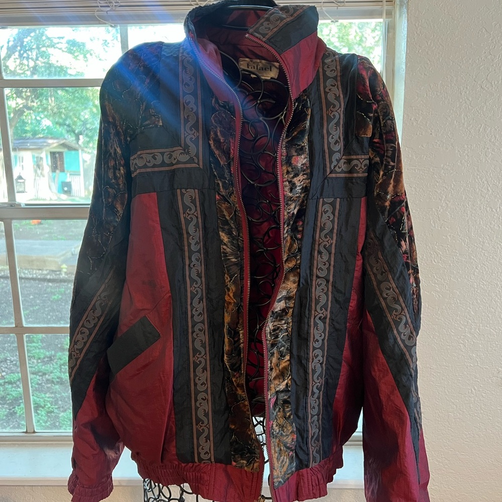 RAFAEL Red and Black Bomber Jacket with Ornate Design
